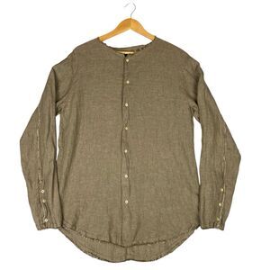Genius 100% Linen Blouse Womens L Taupe Raw Edge Button Front Boho Top Lagenlook
